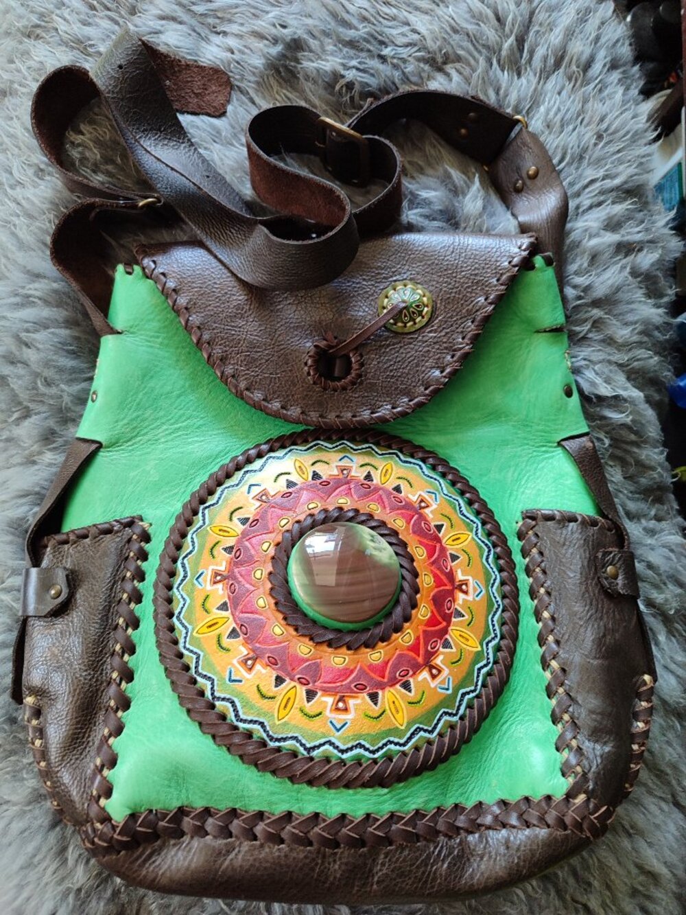 One-of-a-Kind Large Artisan Boho Leather Crossbody Bag: Handcrafted Mandala.